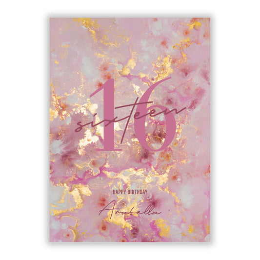 Personalised Pink Marble Name Birthday A5 Flat Greetings Card