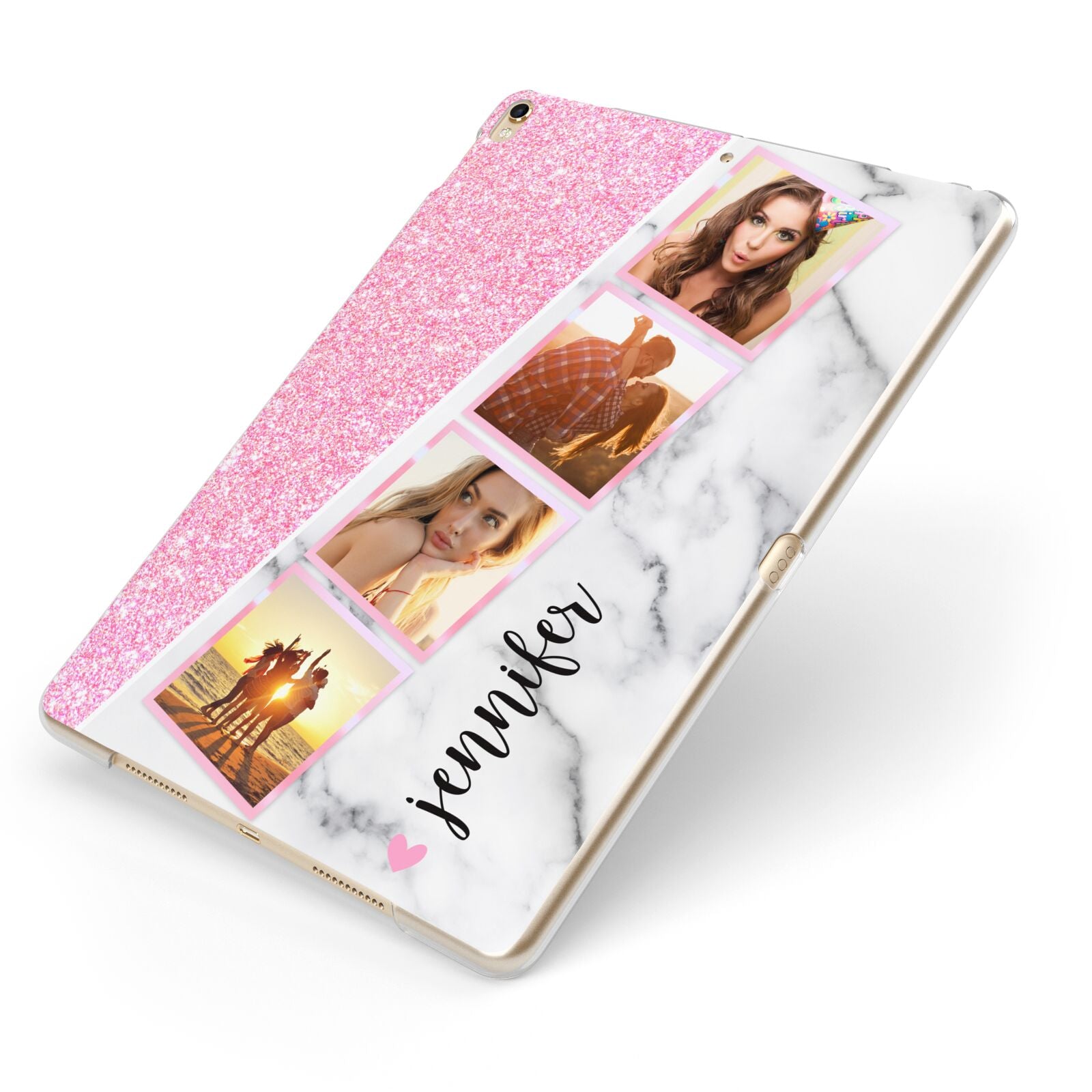 Personalised Pink Marble Photo Strip Apple iPad Case on Gold iPad Side View
