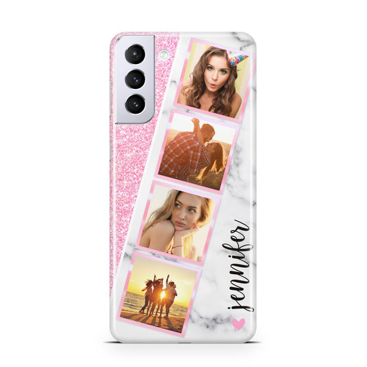 Personalised Pink Marble Photo Strip Samsung S21 Plus Phone Case