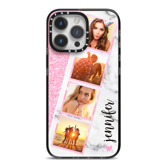 Personalised Pink Marble Photo Strip iPhone 14 Pro Max Black Impact Case on Silver phone