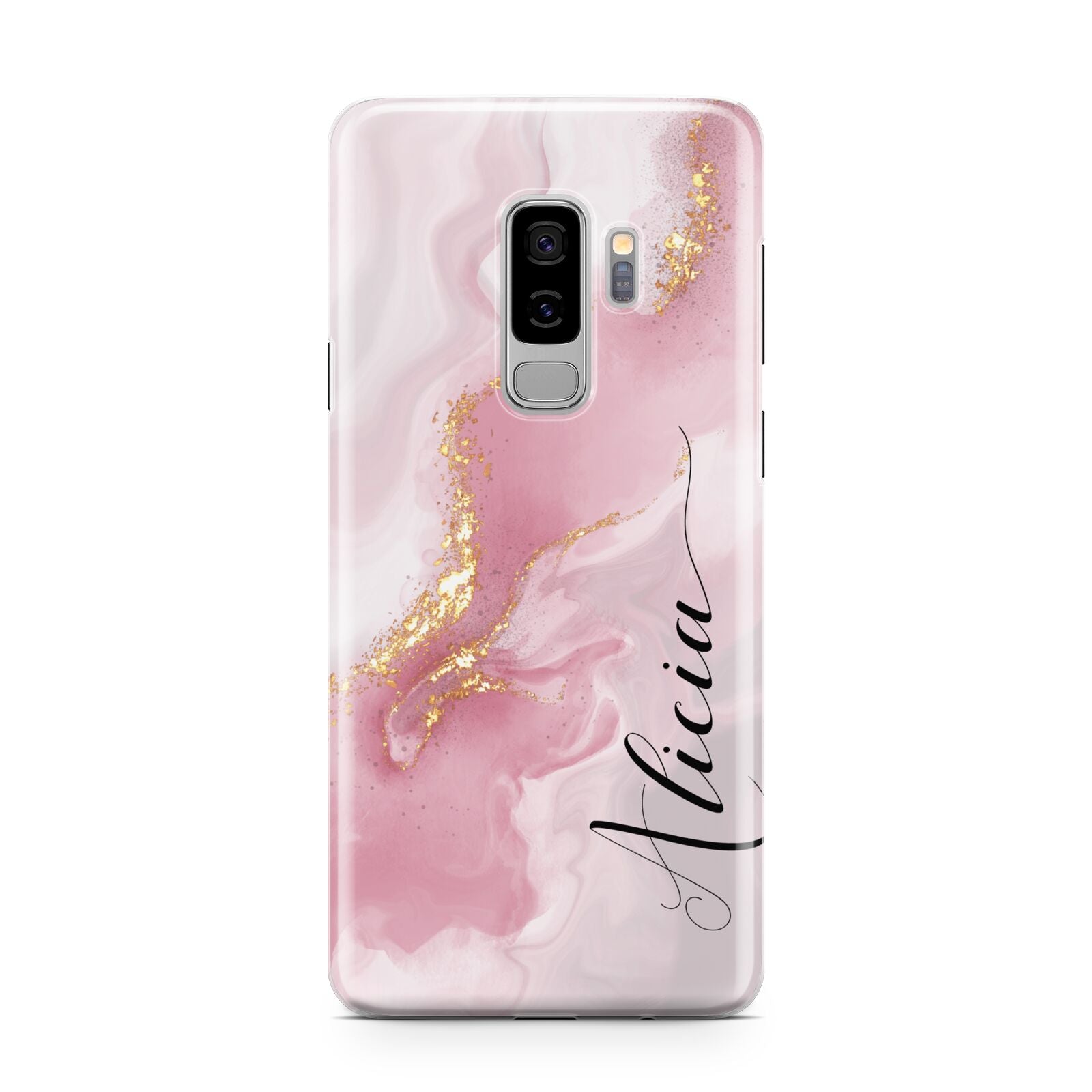 Personalised Pink Marble Samsung Galaxy S9 Plus Case on Silver phone