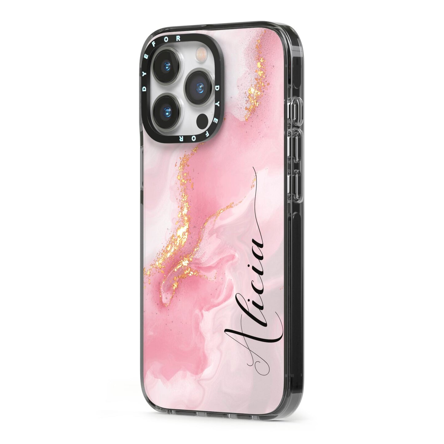 Personalised Pink Marble iPhone 13 Pro Black Impact Case Side Angle on Silver phone