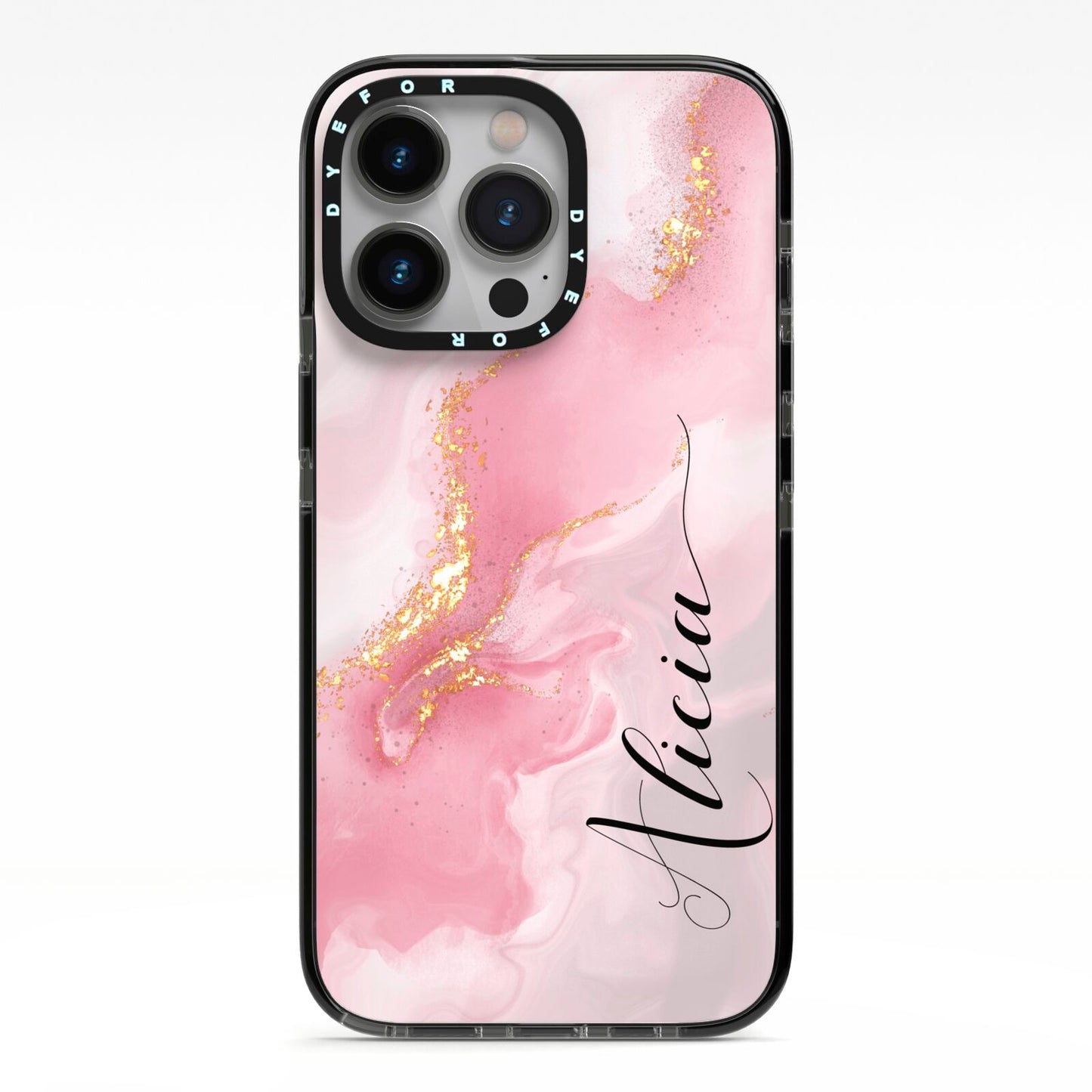 Personalised Pink Marble iPhone 13 Pro Black Impact Case on Silver phone