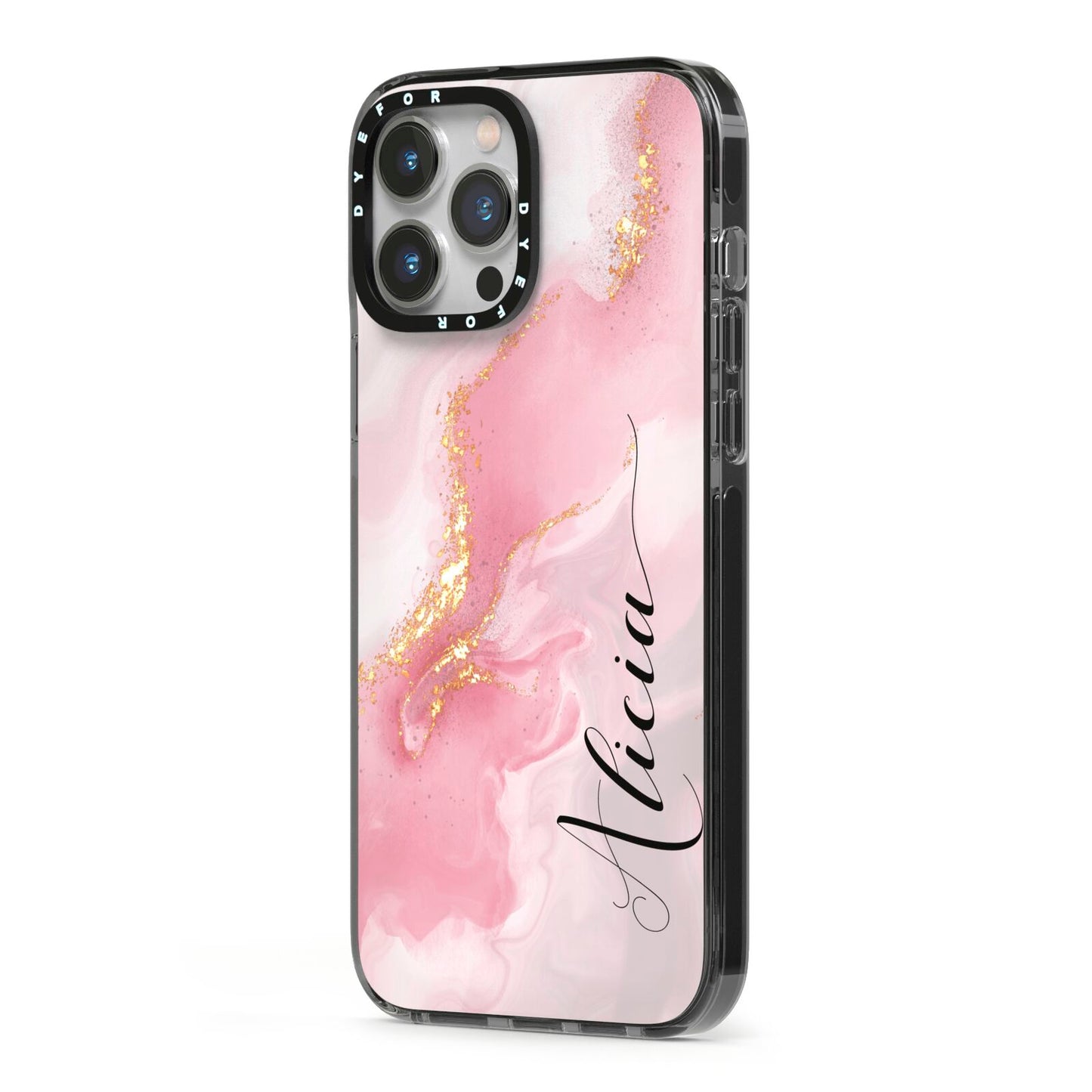 Personalised Pink Marble iPhone 13 Pro Max Black Impact Case Side Angle on Silver phone