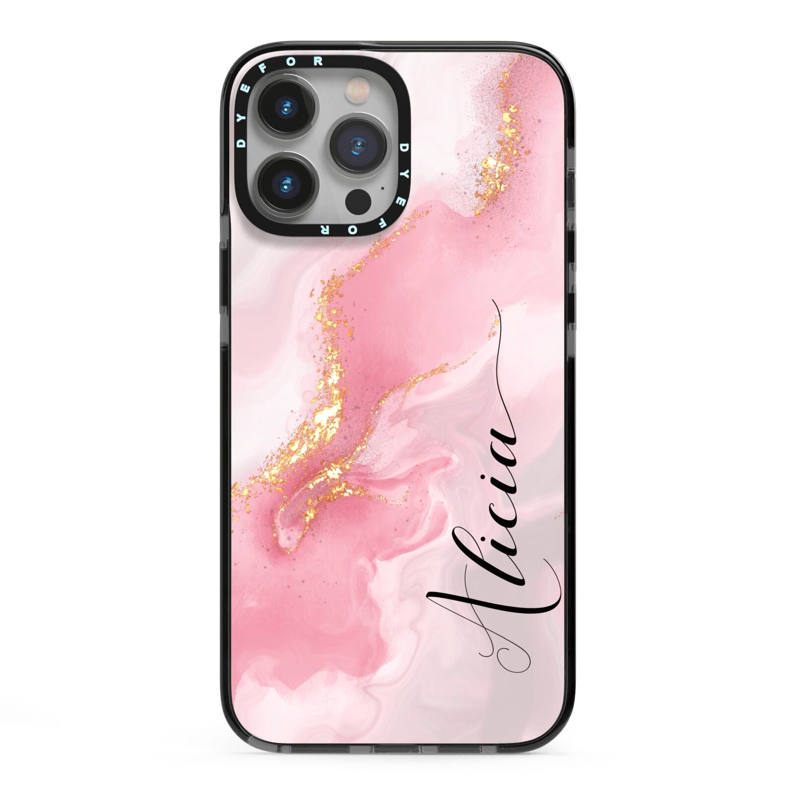 Personalised Pink Marble iPhone 13 Pro Max Black Impact Case on Silver phone