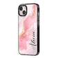 Personalised Pink Marble iPhone 14 Plus Black Impact Case Side Angle on Silver phone