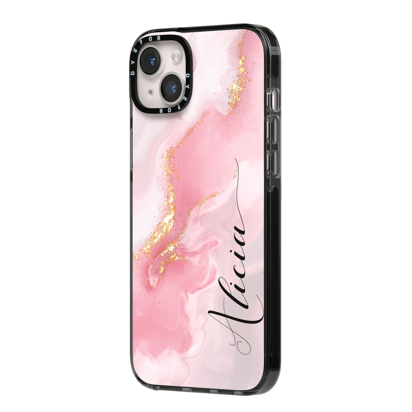 Personalised Pink Marble iPhone 14 Plus Black Impact Case Side Angle on Silver phone