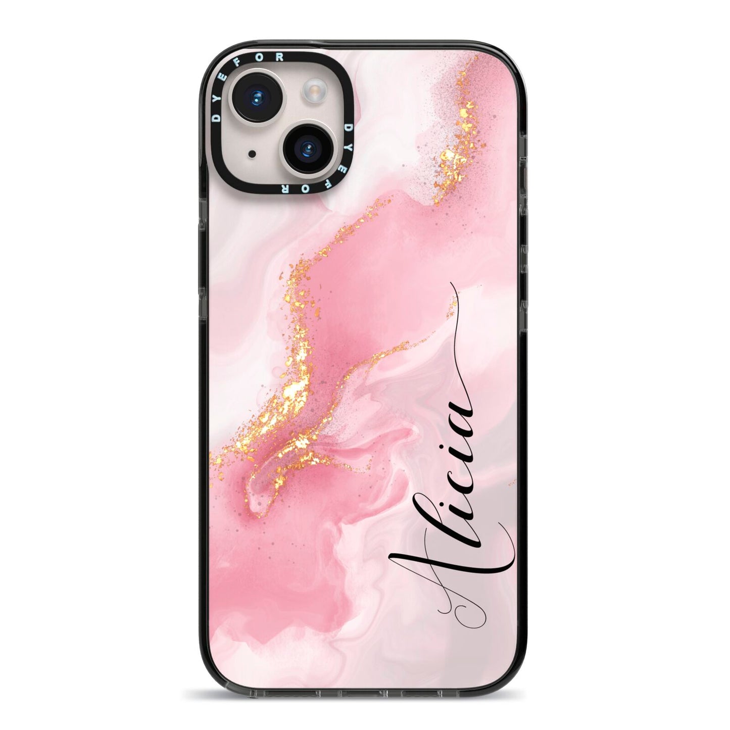 Personalised Pink Marble iPhone 14 Plus Black Impact Case on Silver phone