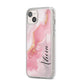 Personalised Pink Marble iPhone 14 Plus Clear Tough Case Starlight Angled Image