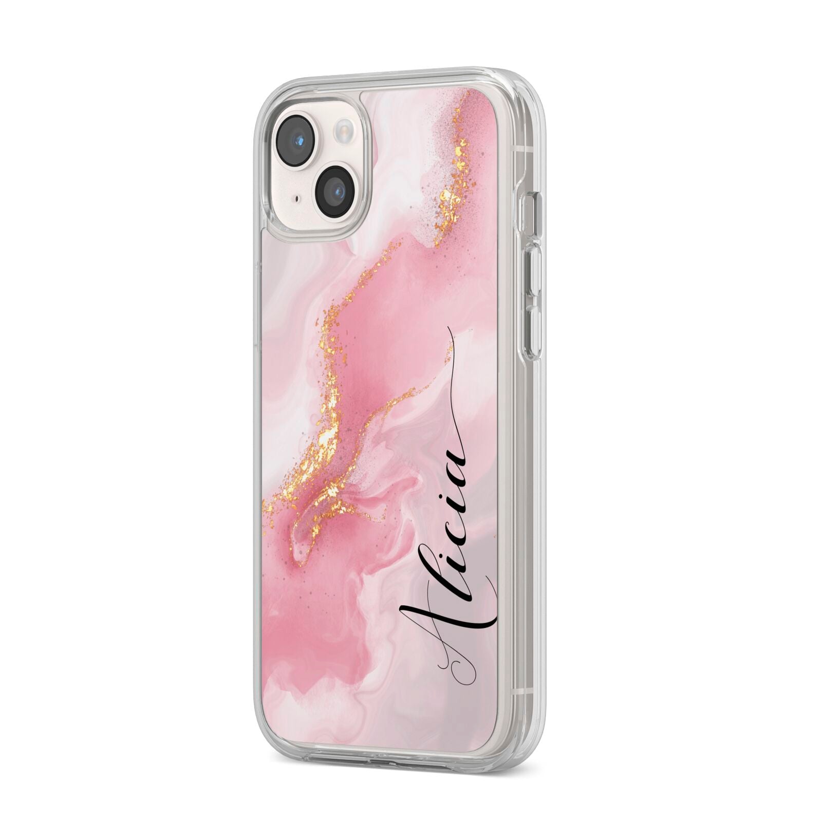 Personalised Pink Marble iPhone 14 Plus Clear Tough Case Starlight Angled Image