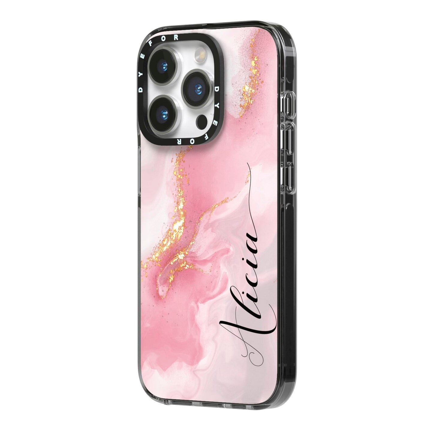 Personalised Pink Marble iPhone 14 Pro Black Impact Case Side Angle on Silver phone