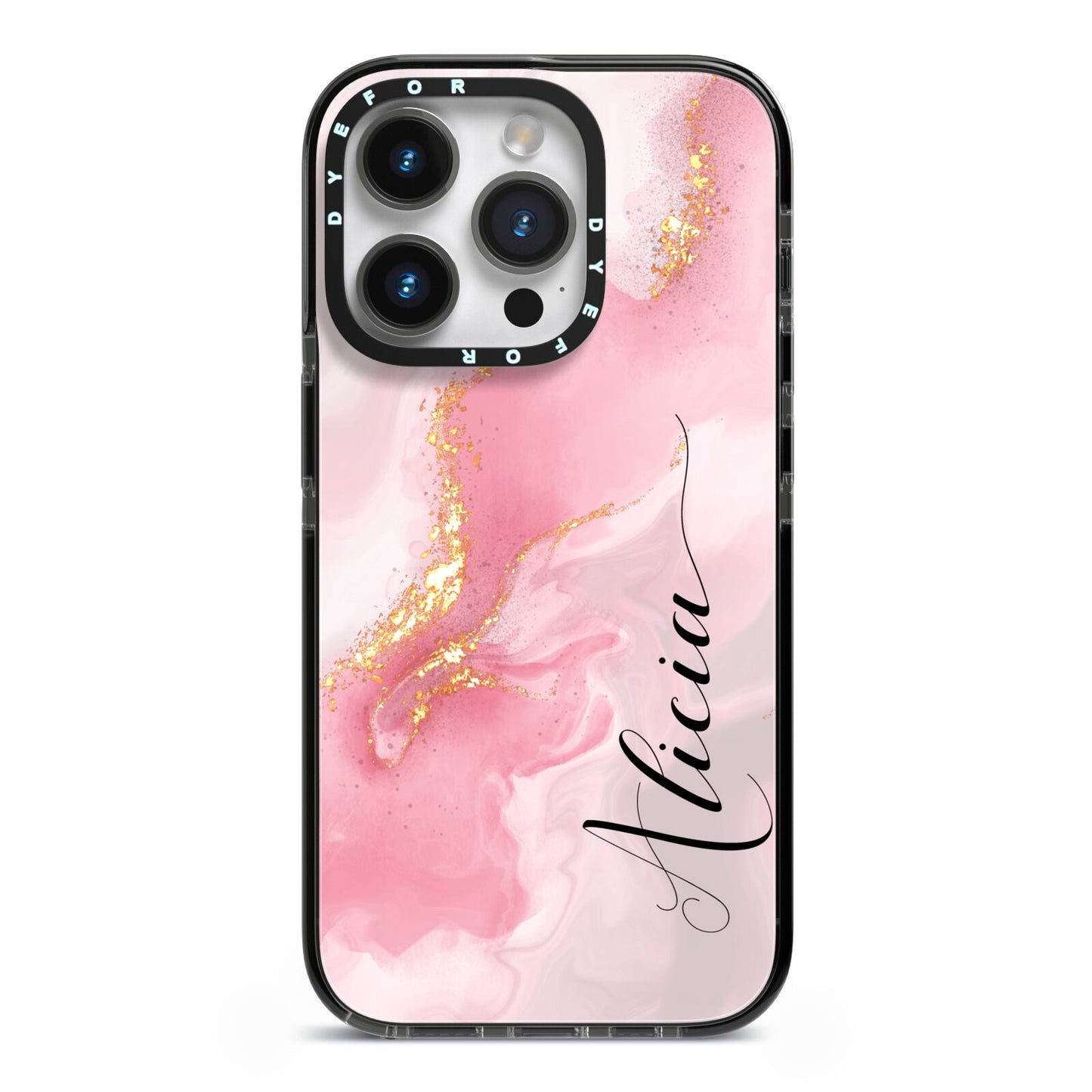 Personalised Pink Marble iPhone 14 Pro Black Impact Case on Silver phone