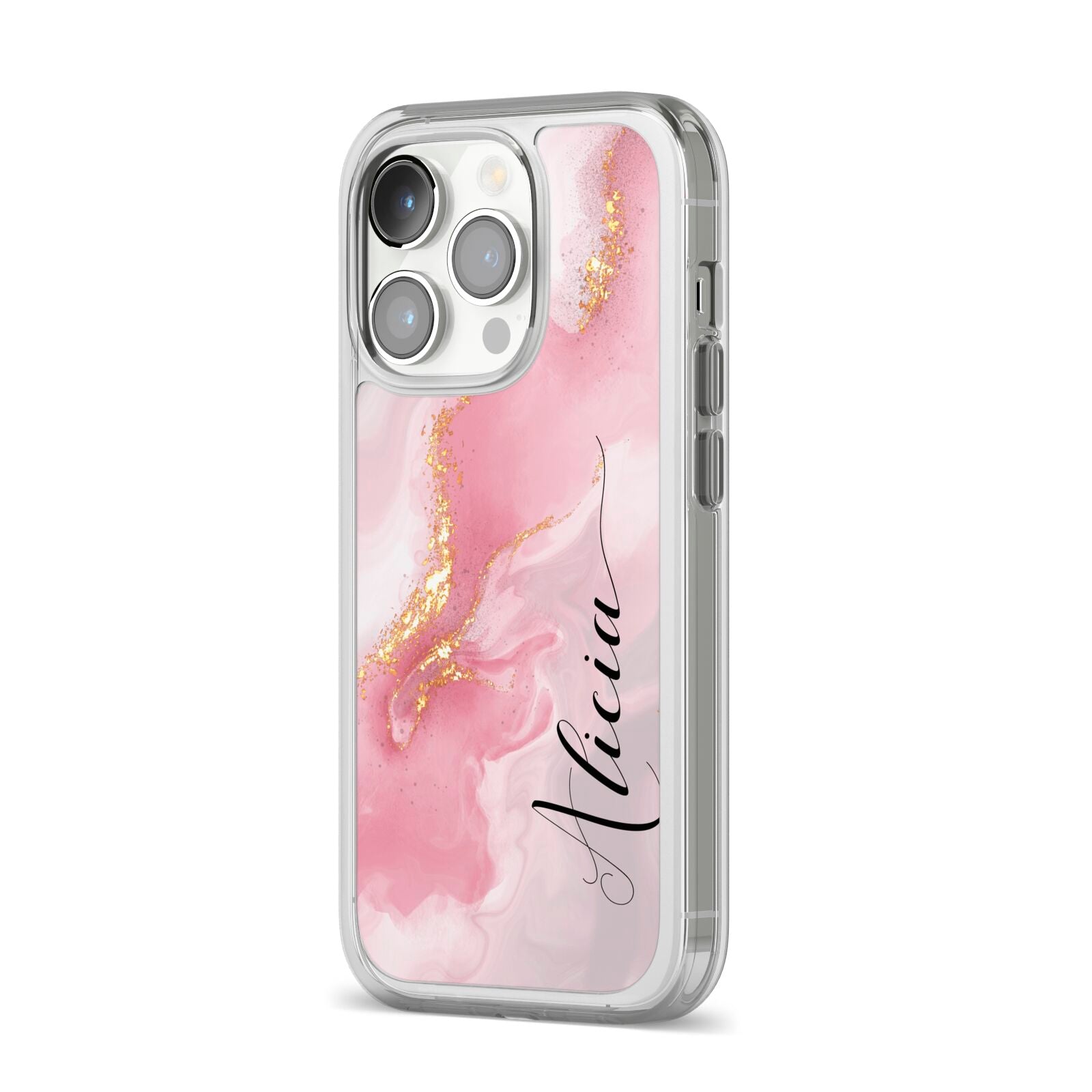 Personalised Pink Marble iPhone 14 Pro Clear Tough Case Silver Angled Image