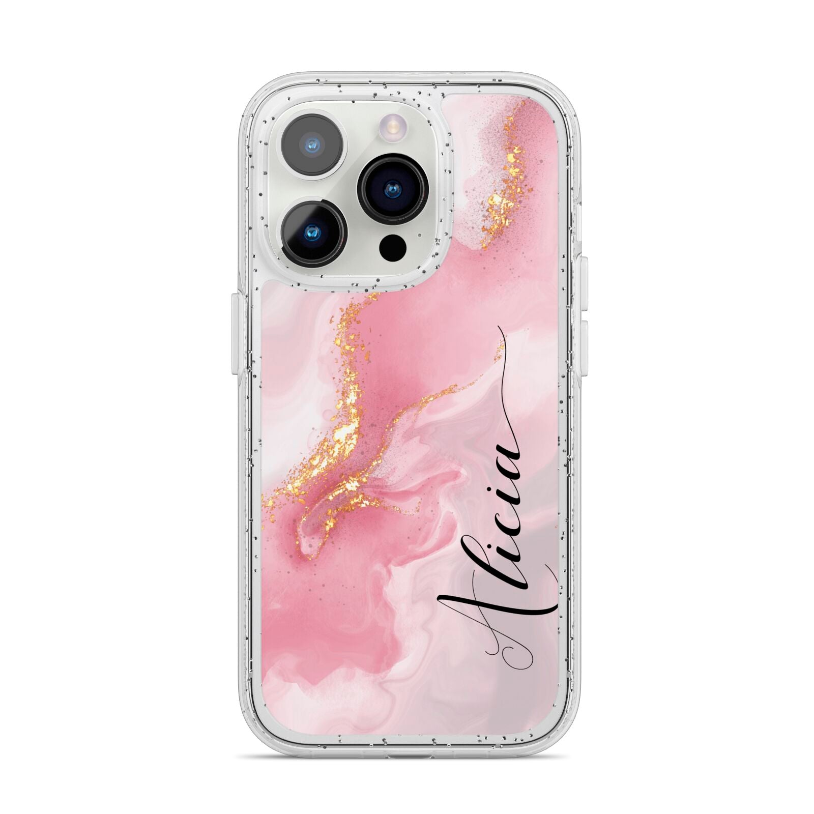 Personalised Pink Marble iPhone 14 Pro Glitter Tough Case Silver