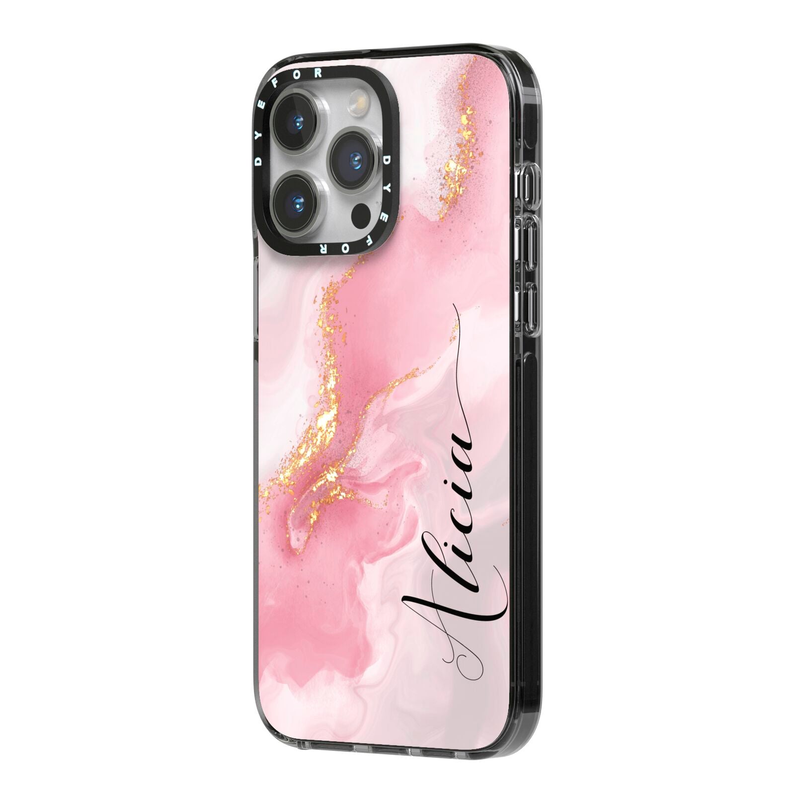 Personalised Pink Marble iPhone 14 Pro Max Black Impact Case Side Angle on Silver phone