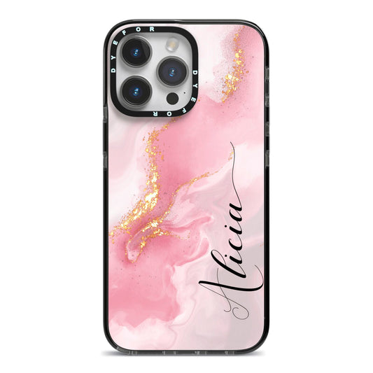 Personalised Pink Marble iPhone 14 Pro Max Black Impact Case on Silver phone