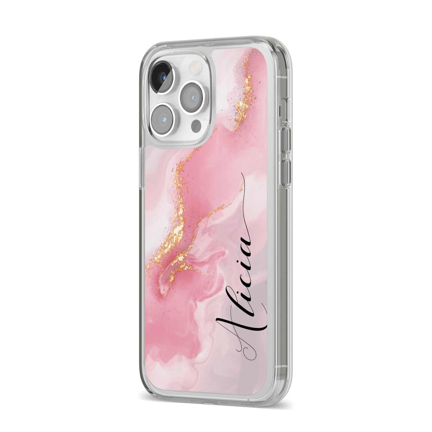 Personalised Pink Marble iPhone 14 Pro Max Clear Tough Case Silver Angled Image