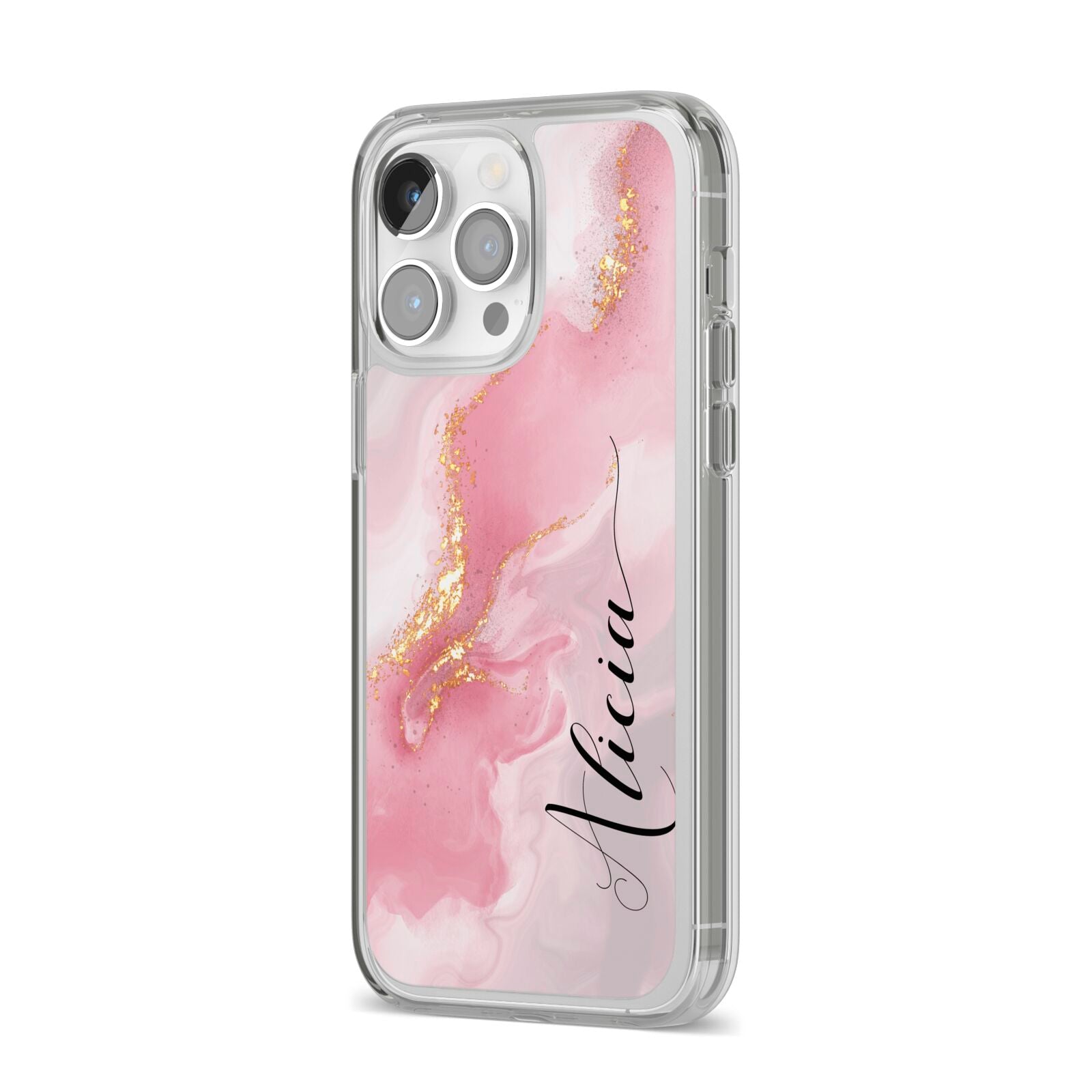 Personalised Pink Marble iPhone 14 Pro Max Clear Tough Case Silver Angled Image
