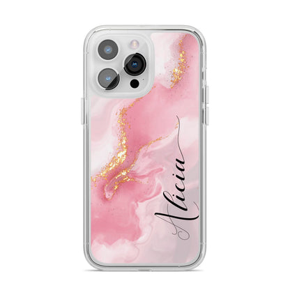 Personalised Pink Marble iPhone 14 Pro Max Clear Tough Case Silver