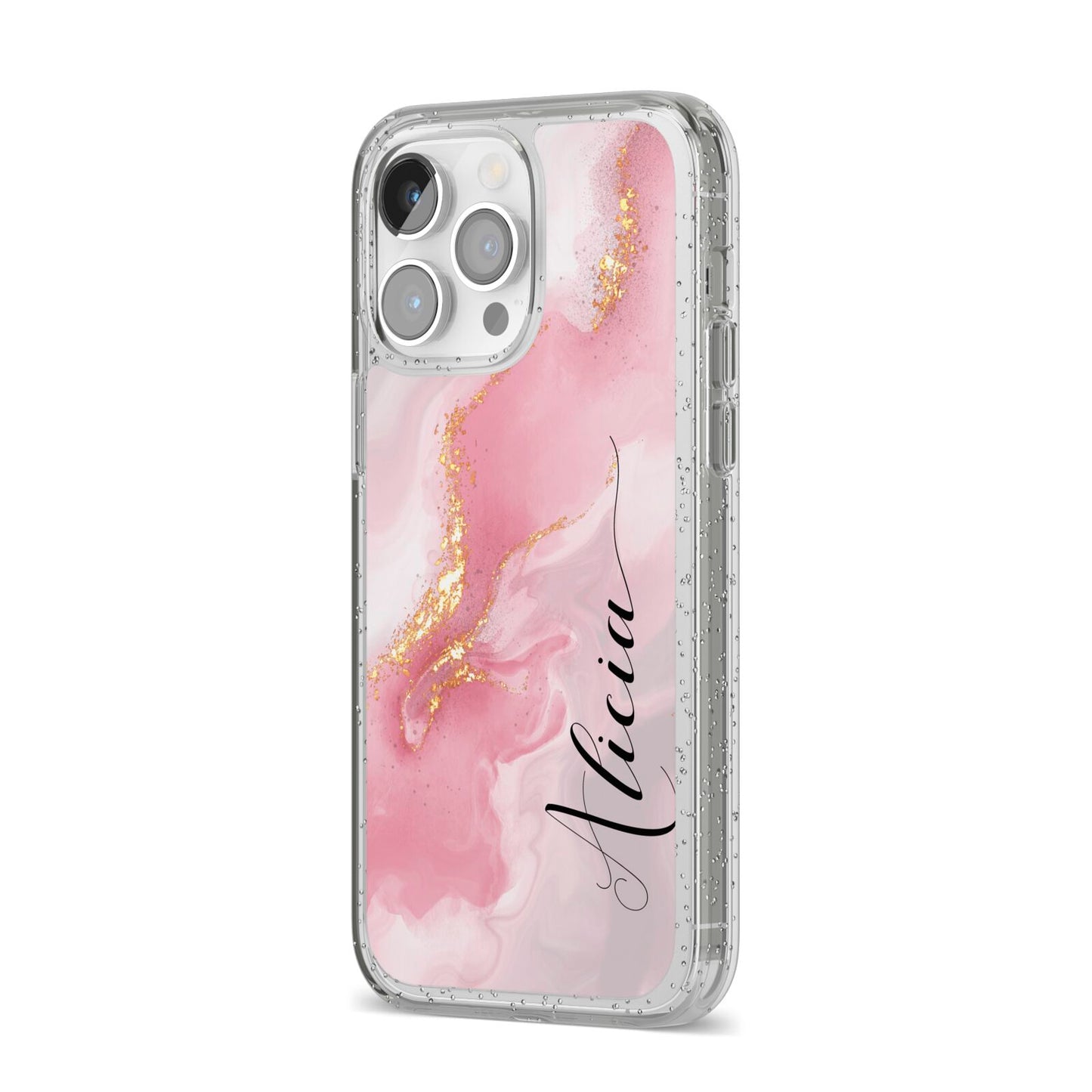 Personalised Pink Marble iPhone 14 Pro Max Glitter Tough Case Silver Angled Image