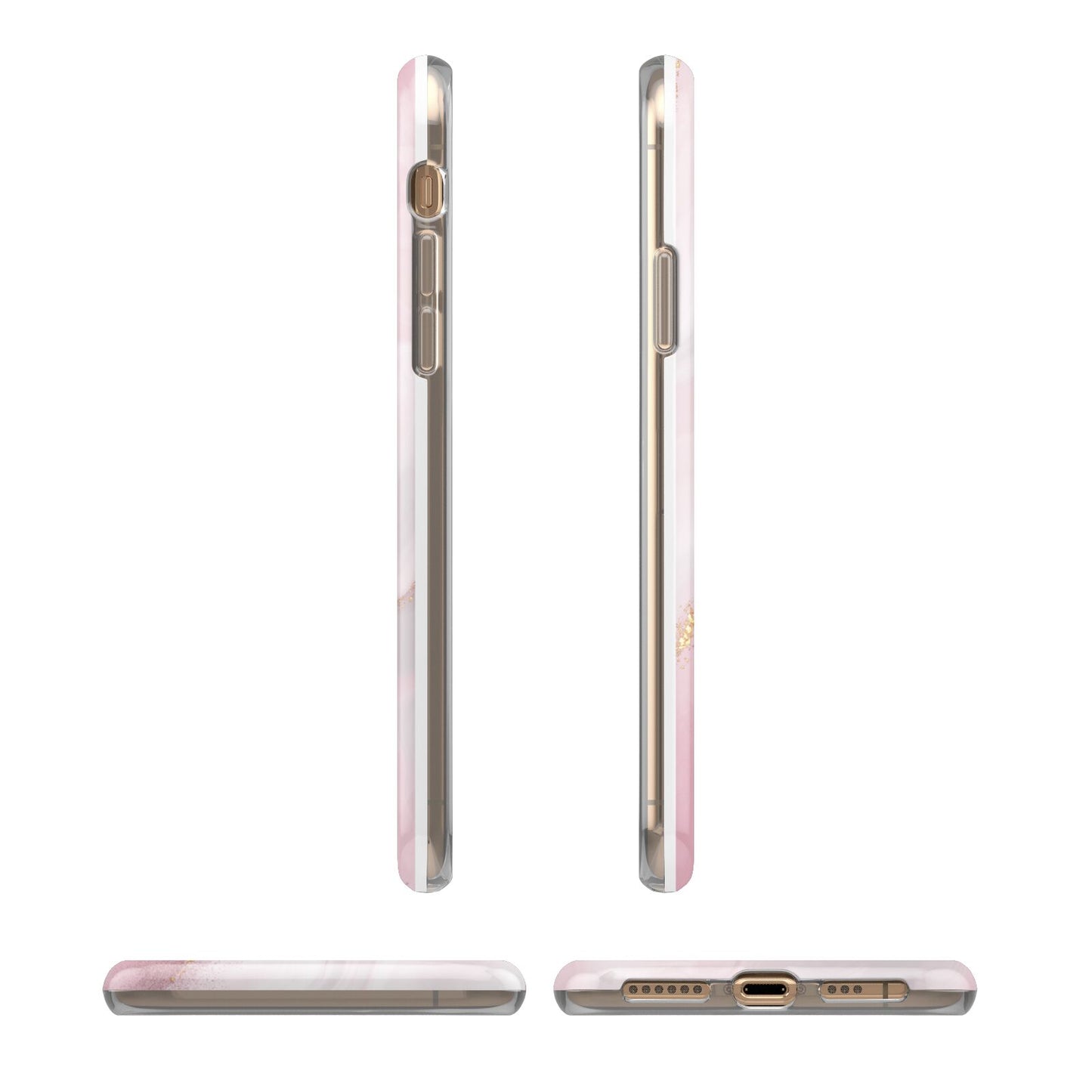 Personalised Pink Marble iPhone XS 3D Tough Case in Gold Angled Images