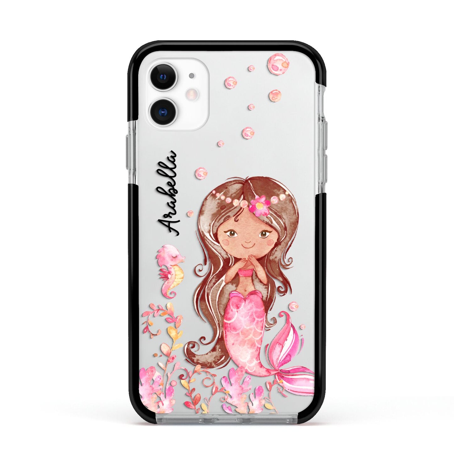 Personalised Pink Mermaid Apple iPhone 11 in White with Black Impact Case