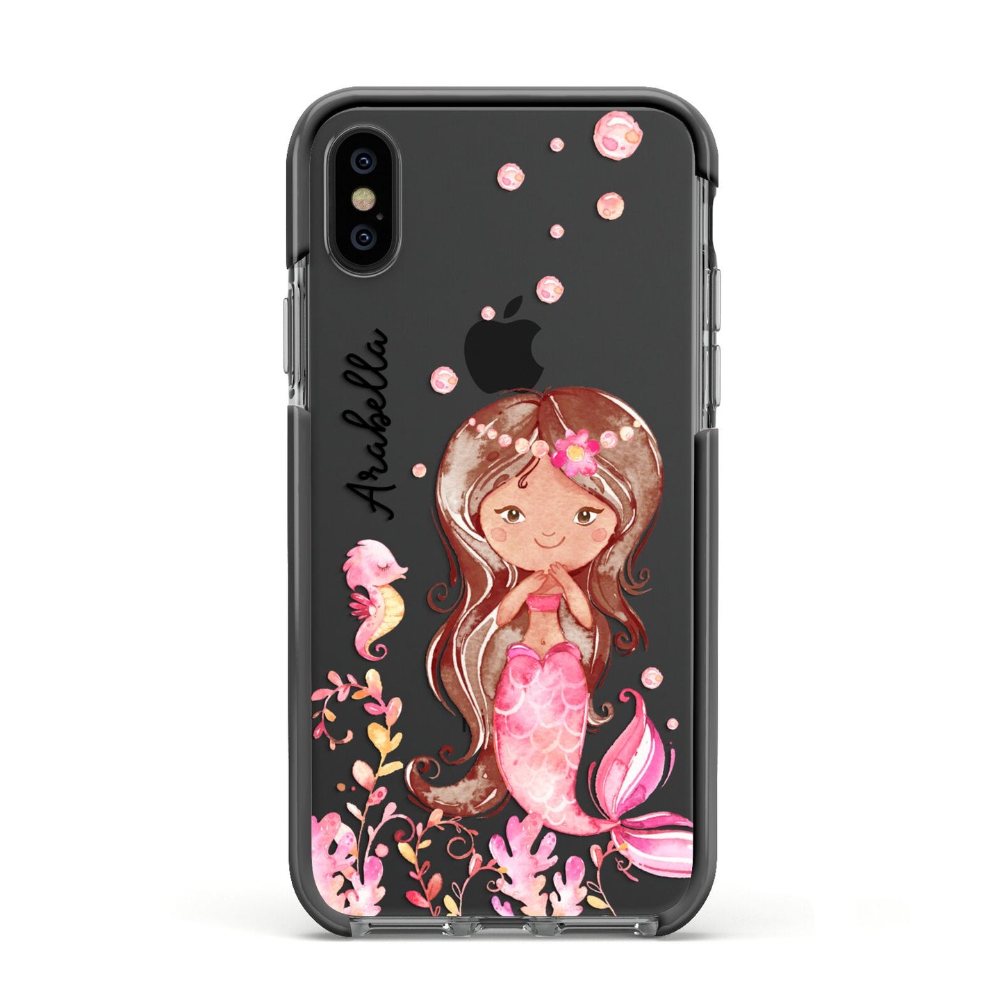 Personalised Pink Mermaid Apple iPhone Xs Impact Case Black Edge on Black Phone