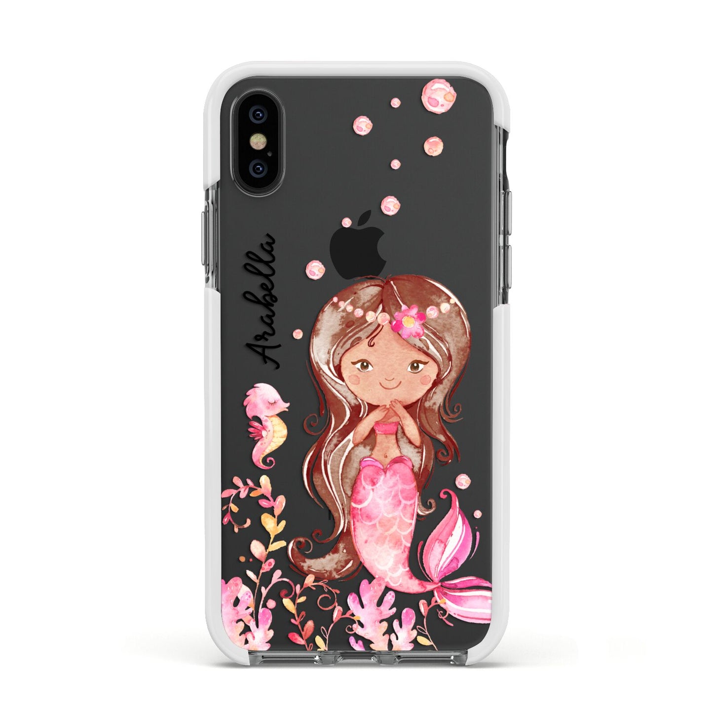 Personalised Pink Mermaid Apple iPhone Xs Impact Case White Edge on Black Phone