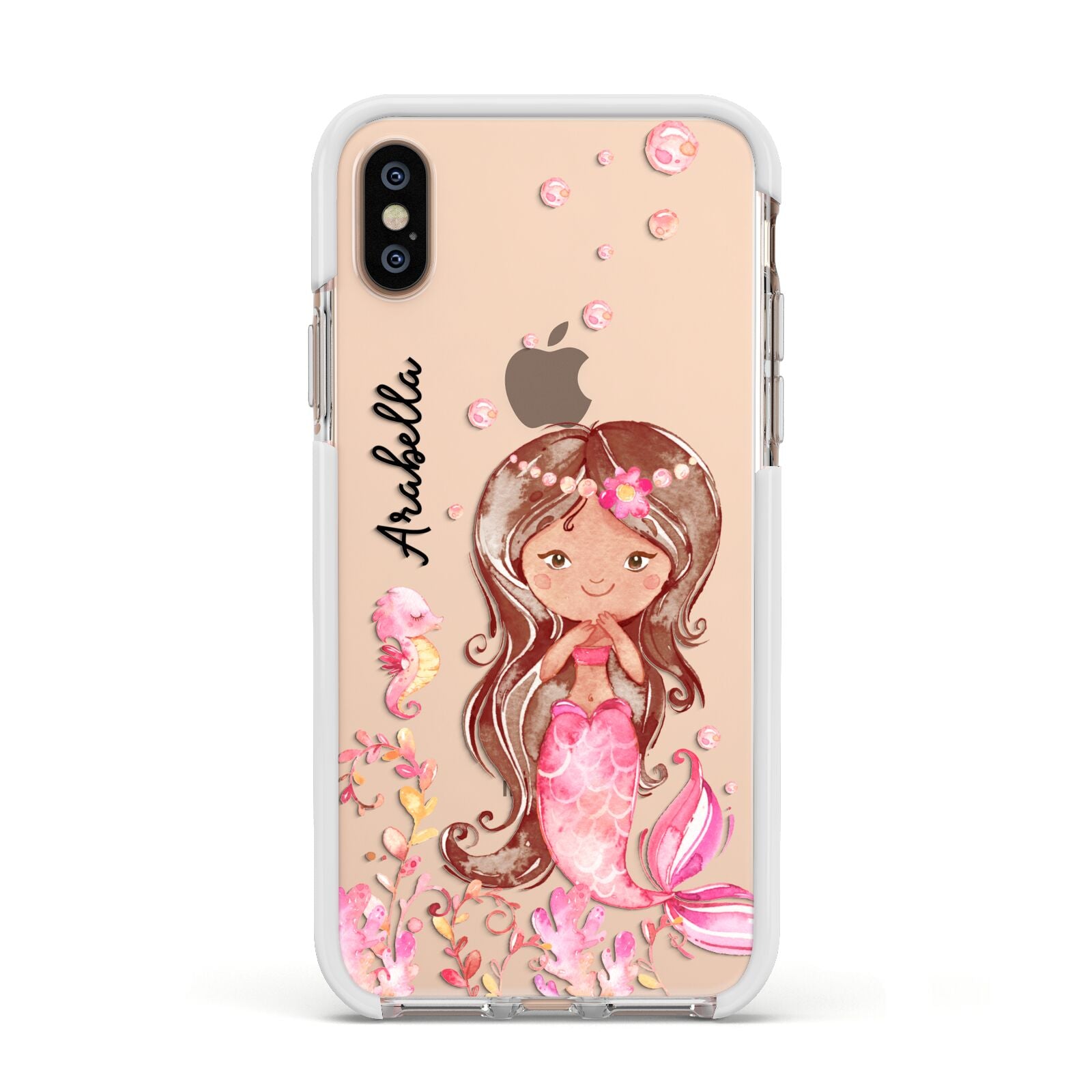 Personalised Pink Mermaid Apple iPhone Xs Impact Case White Edge on Gold Phone