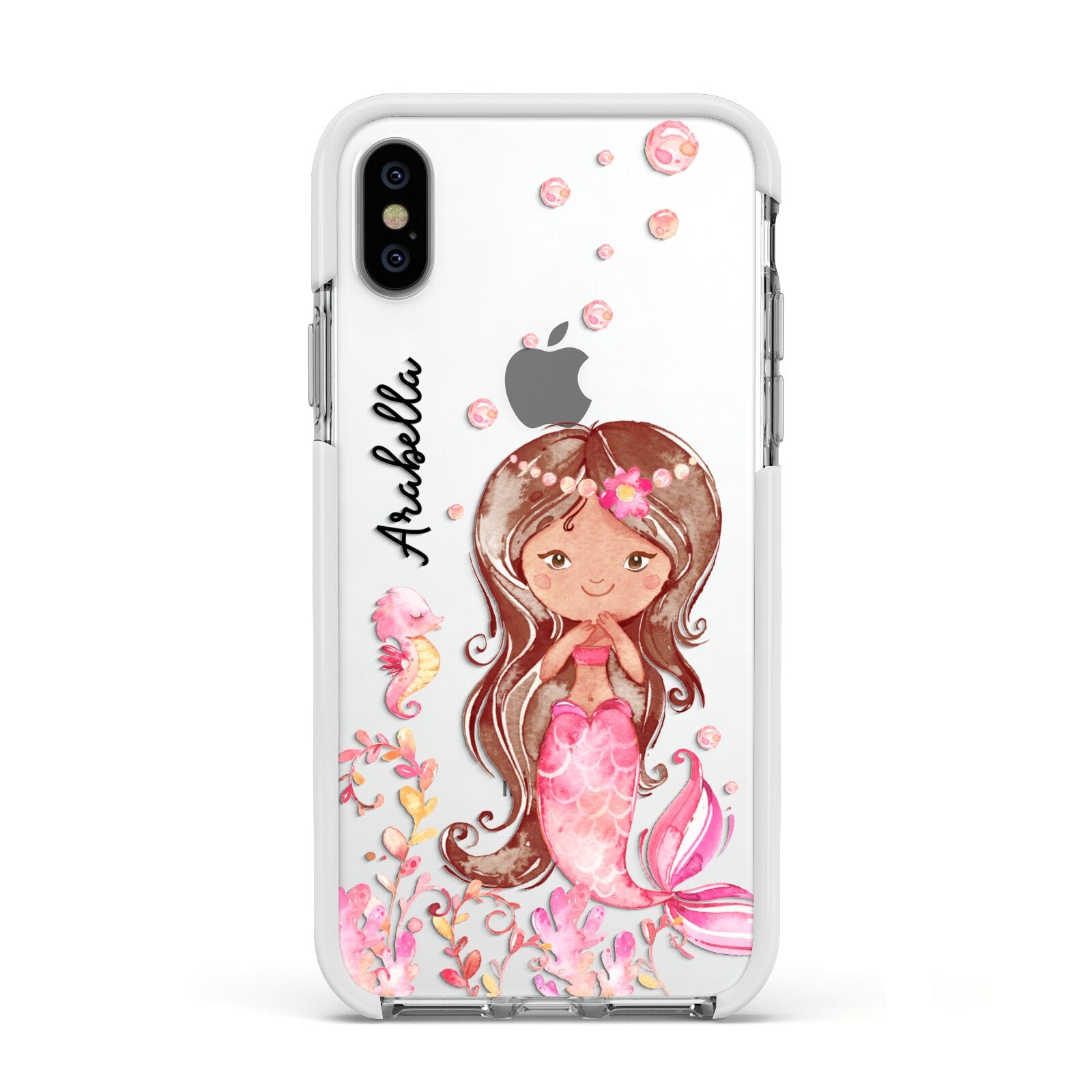 Personalised Pink Mermaid Apple iPhone Xs Impact Case White Edge on Silver Phone