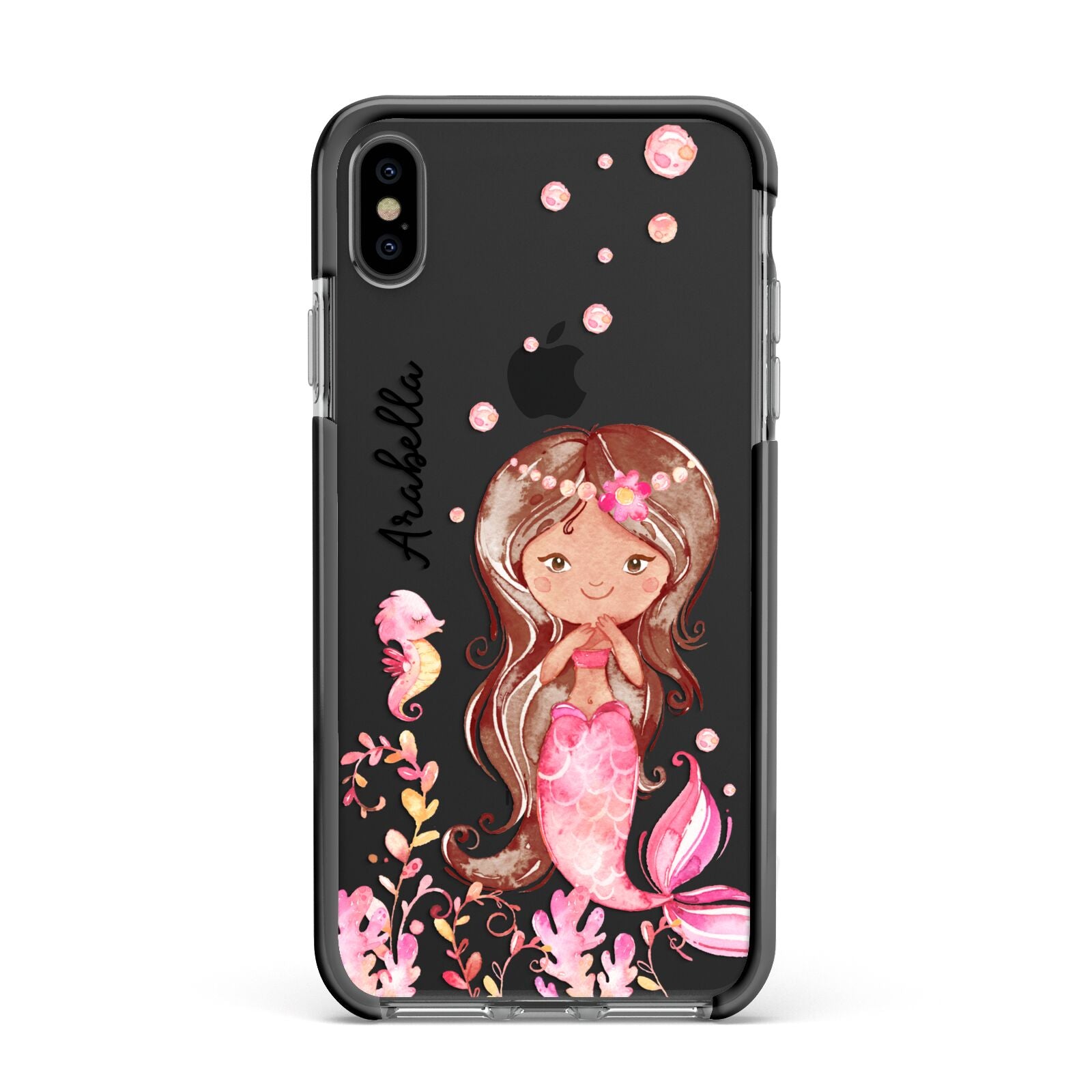 Personalised Pink Mermaid Apple iPhone Xs Max Impact Case Black Edge on Black Phone