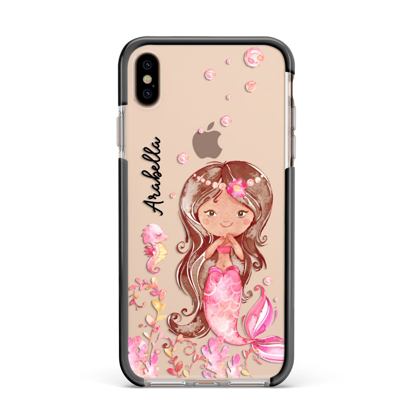 Personalised Pink Mermaid Apple iPhone Xs Max Impact Case Black Edge on Gold Phone