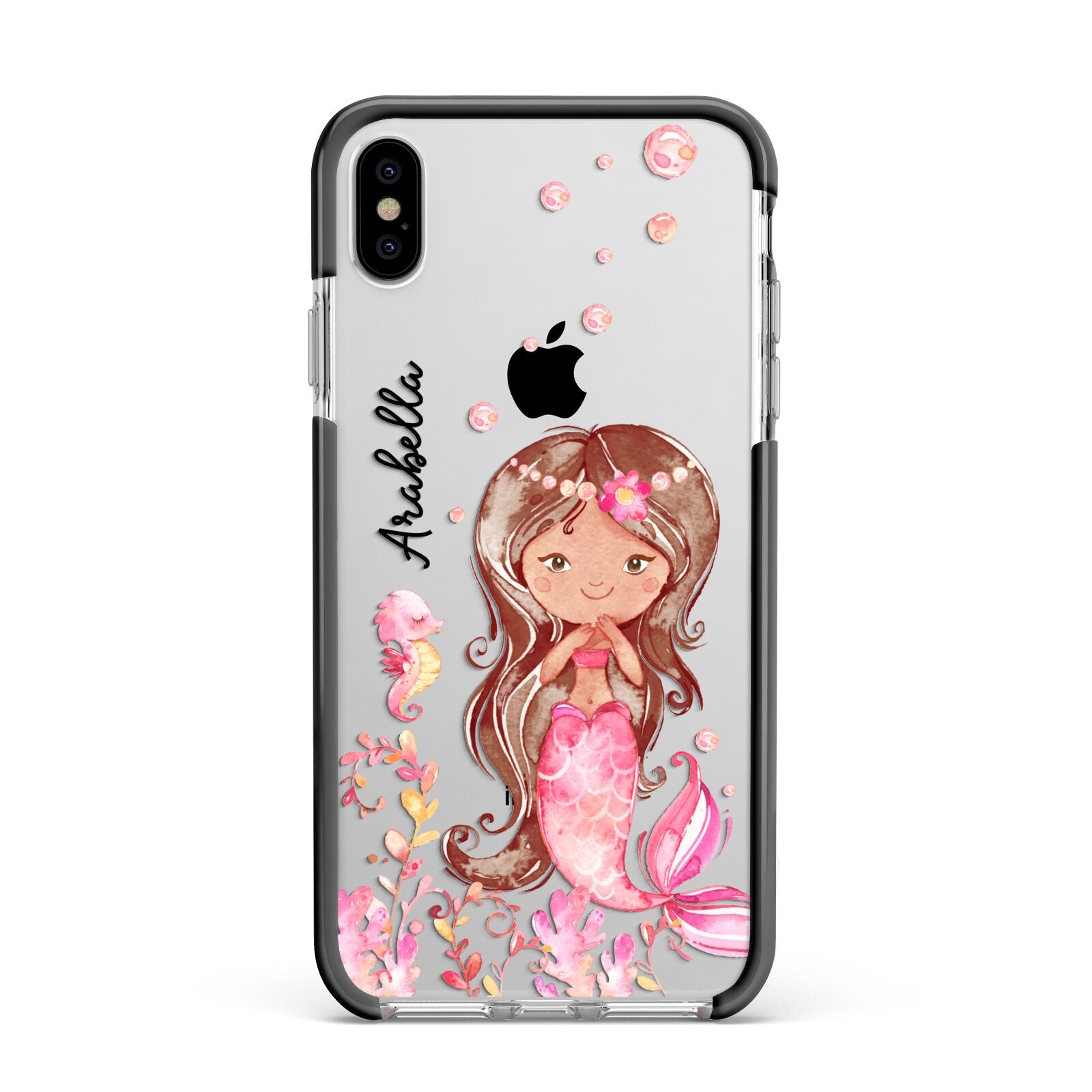 Personalised Pink Mermaid Apple iPhone Xs Max Impact Case Black Edge on Silver Phone
