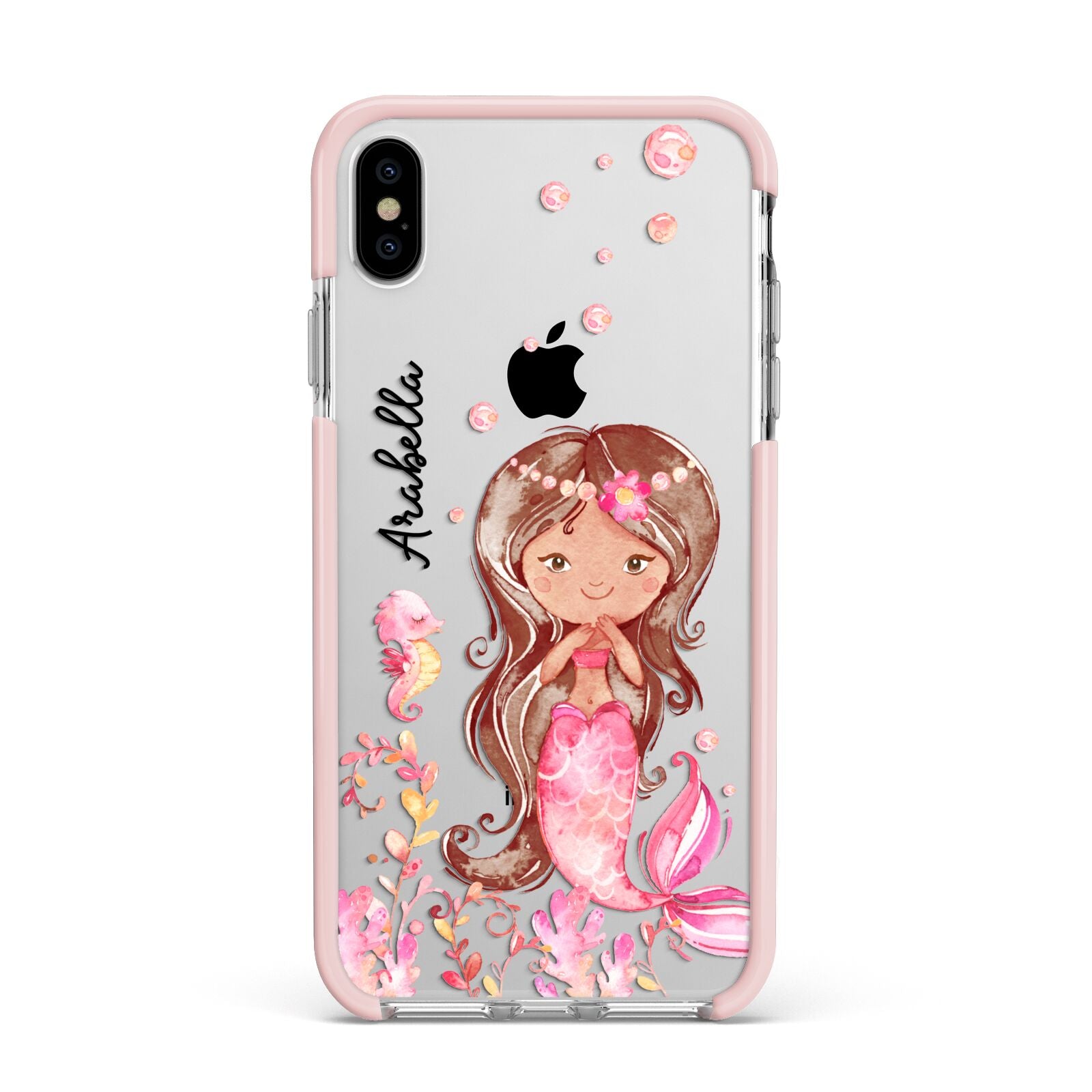 Personalised Pink Mermaid Apple iPhone Xs Max Impact Case Pink Edge on Silver Phone