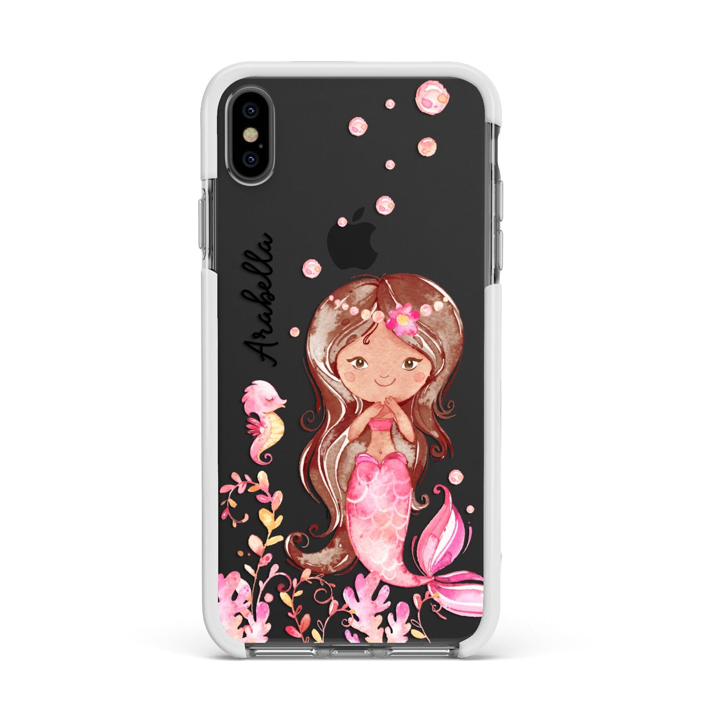Personalised Pink Mermaid Apple iPhone Xs Max Impact Case White Edge on Black Phone