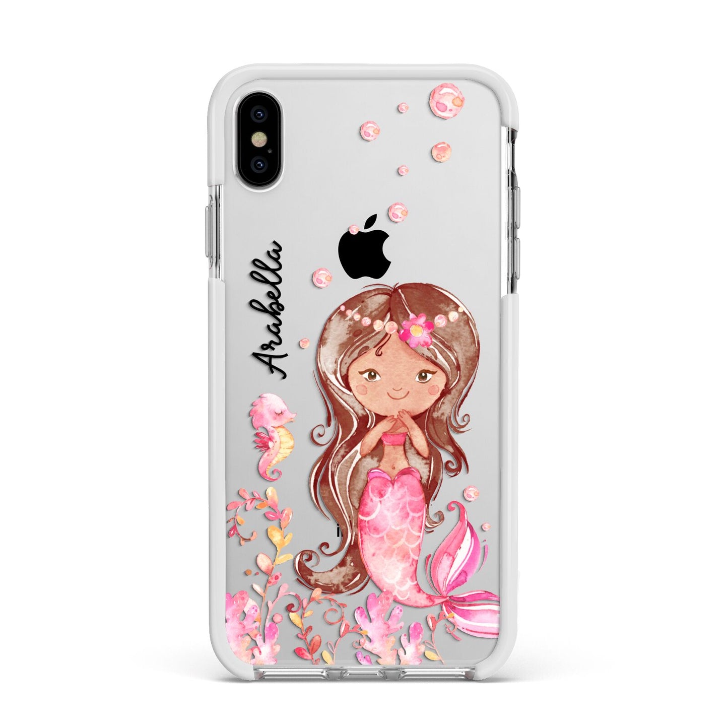 Personalised Pink Mermaid Apple iPhone Xs Max Impact Case White Edge on Silver Phone