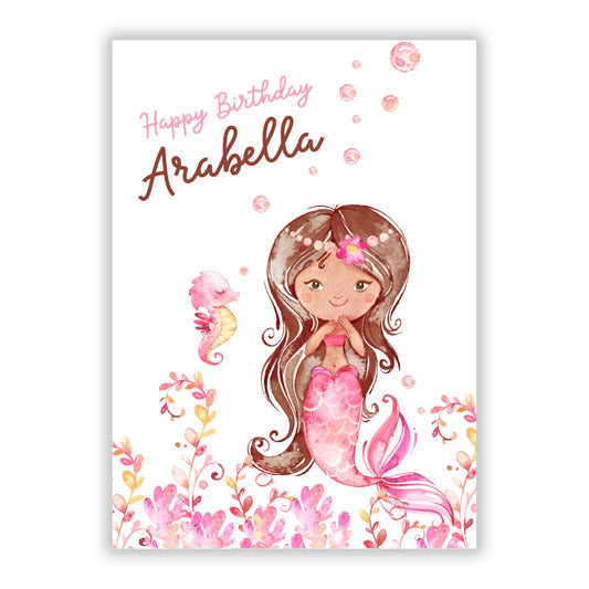 Personalised Pink Mermaid Happy Birthday A5 Flat Greetings Card