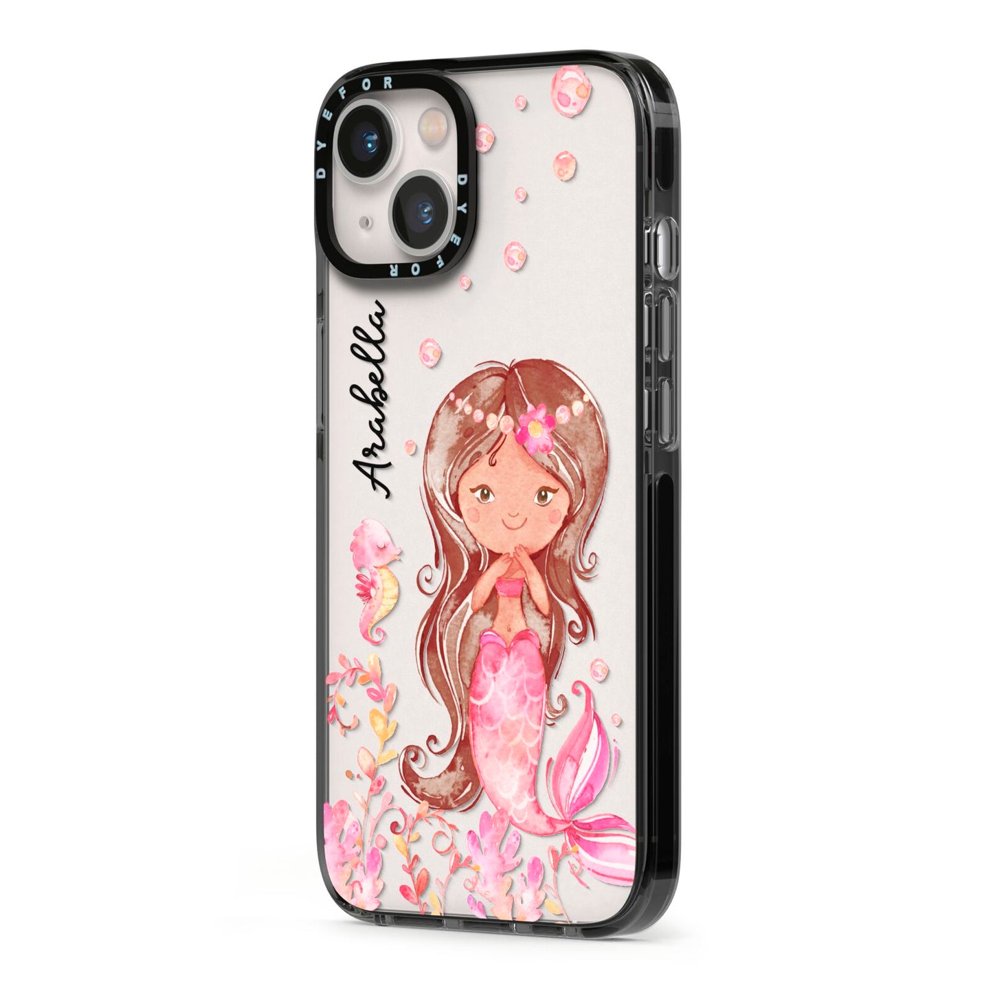 Personalised Pink Mermaid iPhone 13 Black Impact Case Side Angle on Silver phone