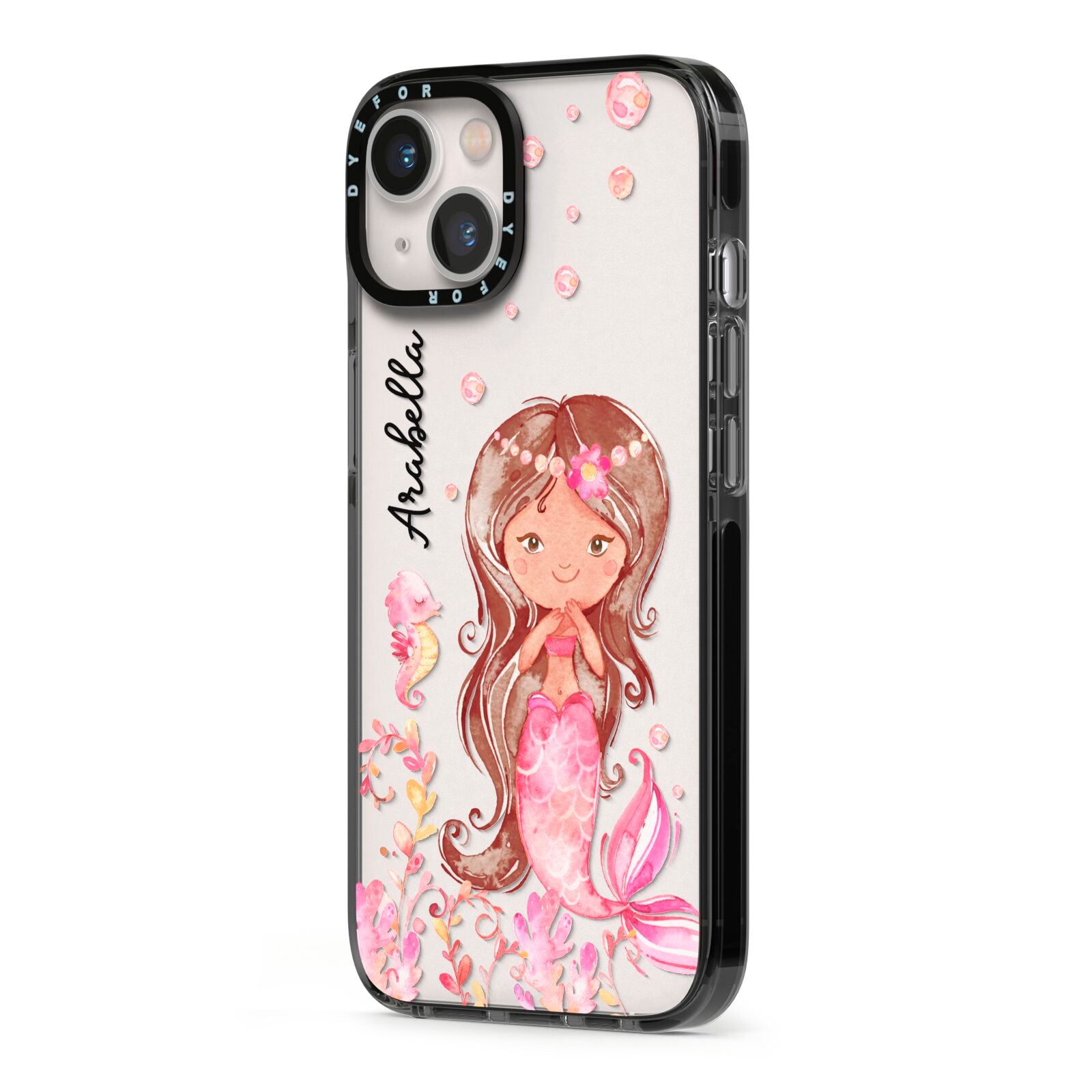 Personalised Pink Mermaid iPhone 13 Black Impact Case Side Angle on Silver phone