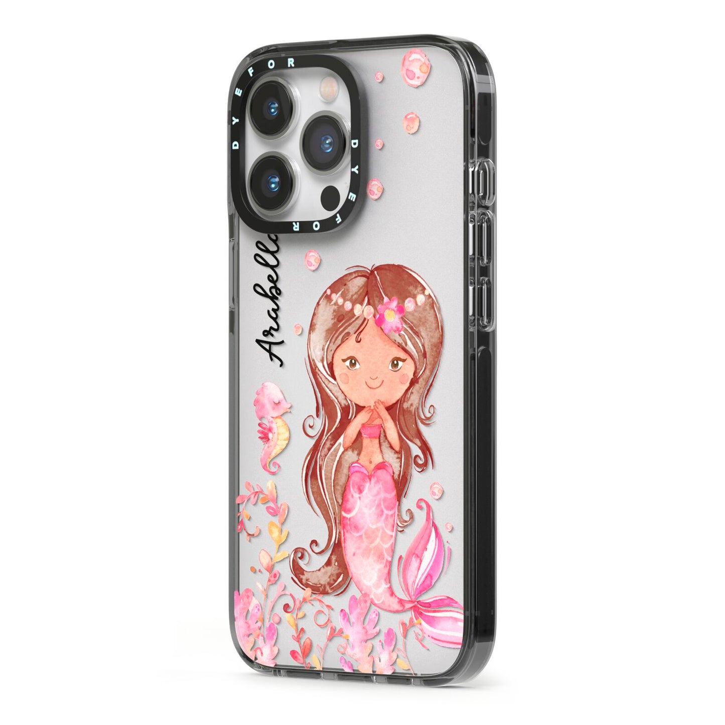 Personalised Pink Mermaid iPhone 13 Pro Black Impact Case Side Angle on Silver phone