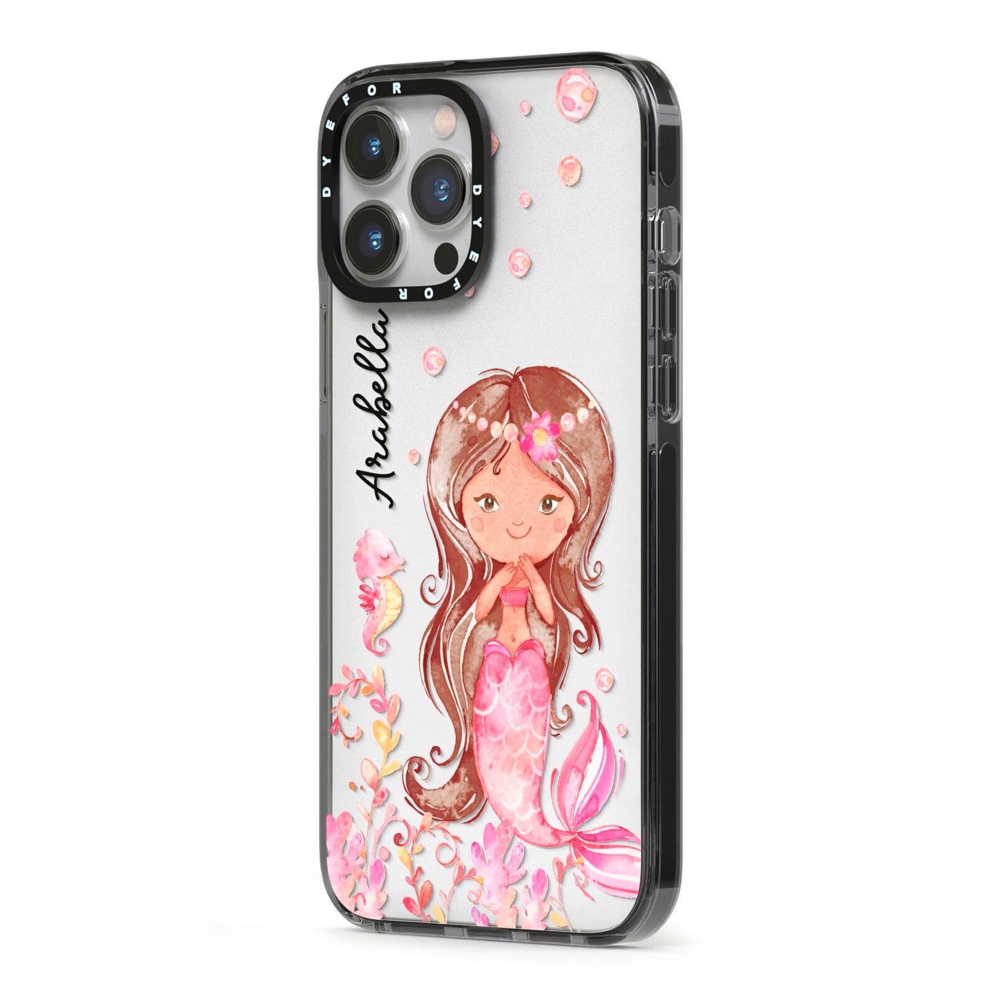 Personalised Pink Mermaid iPhone 13 Pro Max Black Impact Case Side Angle on Silver phone