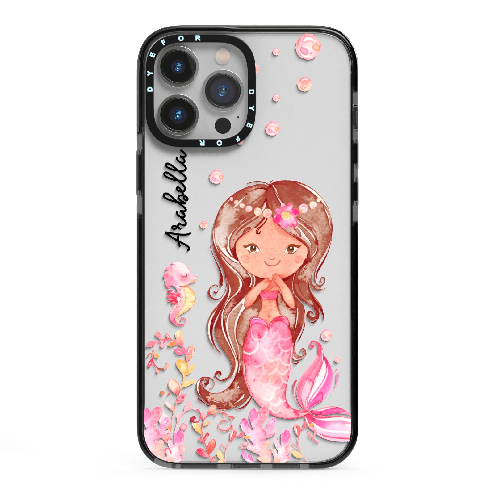 Personalised Pink Mermaid iPhone 13 Pro Max Black Impact Case on Silver phone