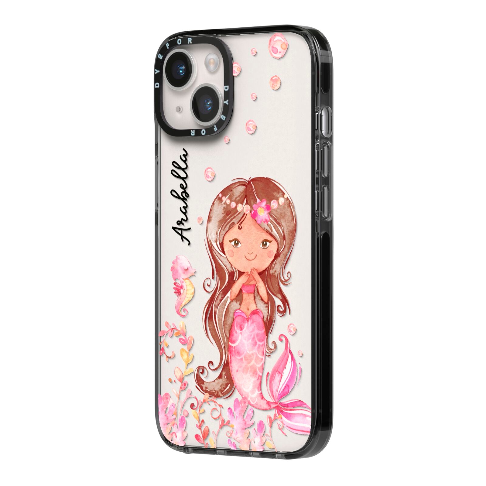 Personalised Pink Mermaid iPhone 14 Black Impact Case Side Angle on Silver phone