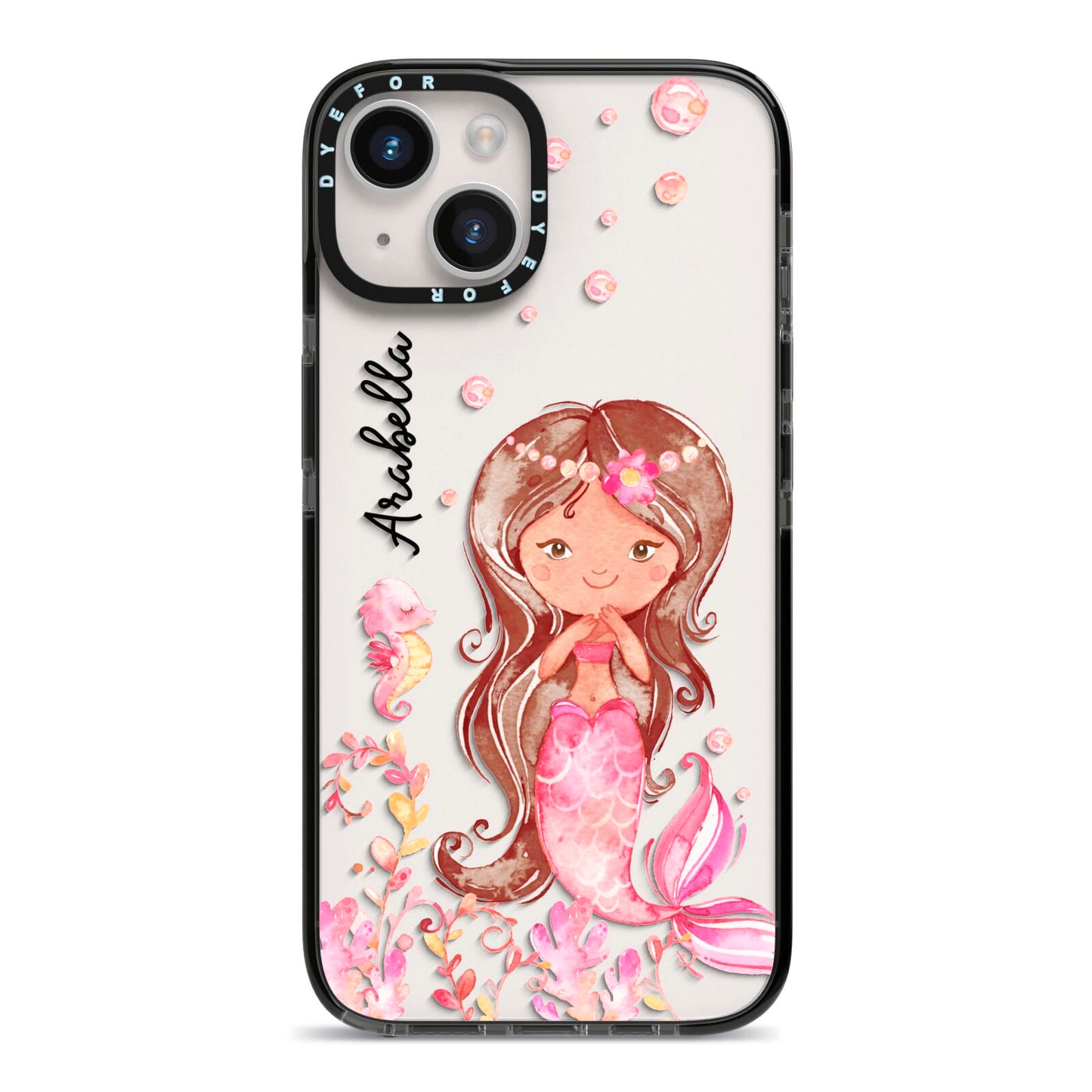 Personalised Pink Mermaid iPhone 14 Black Impact Case on Silver phone