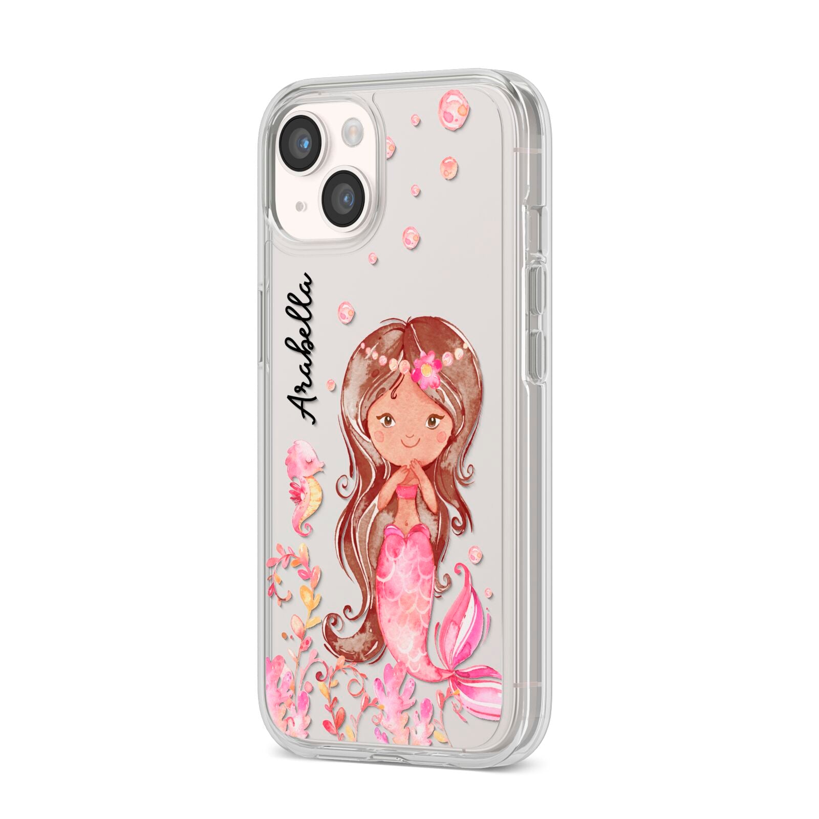 Personalised Pink Mermaid iPhone 14 Clear Tough Case Starlight Angled Image