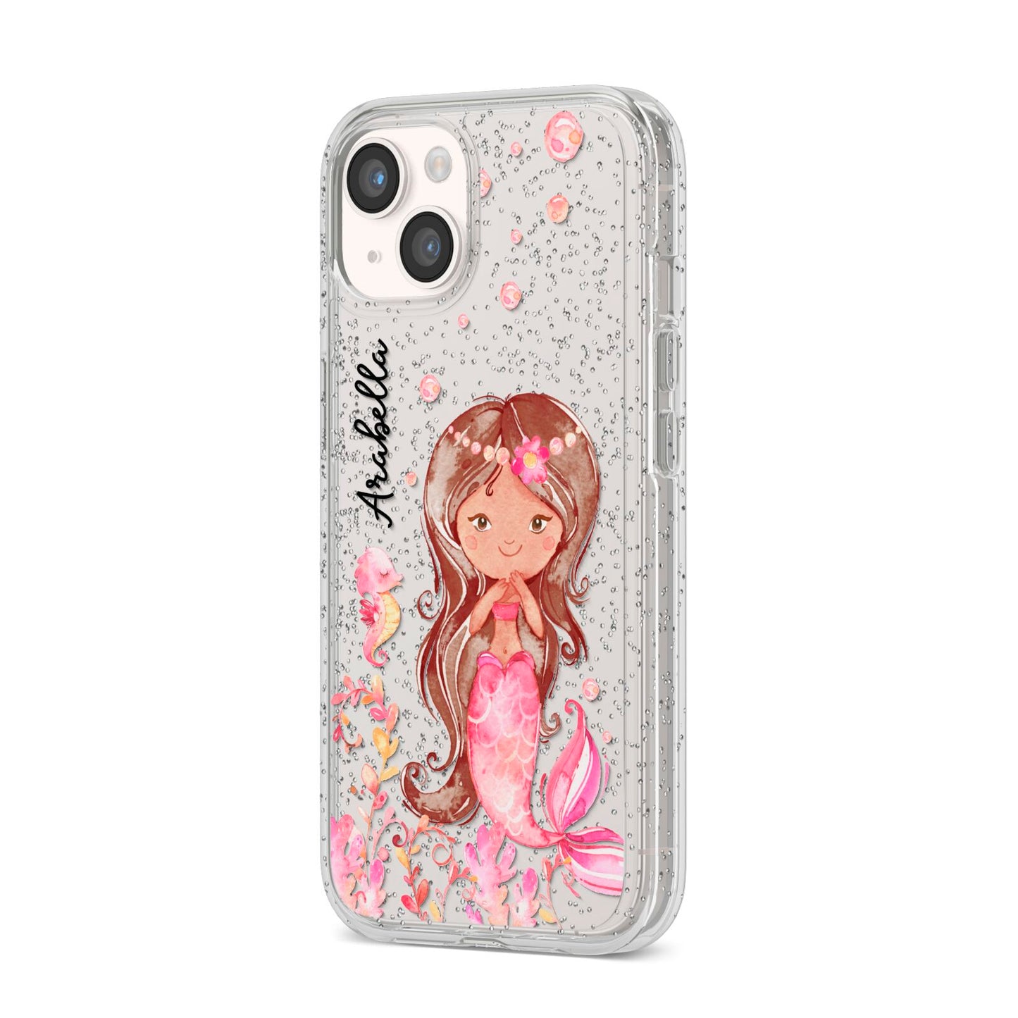 Personalised Pink Mermaid iPhone 14 Glitter Tough Case Starlight Angled Image