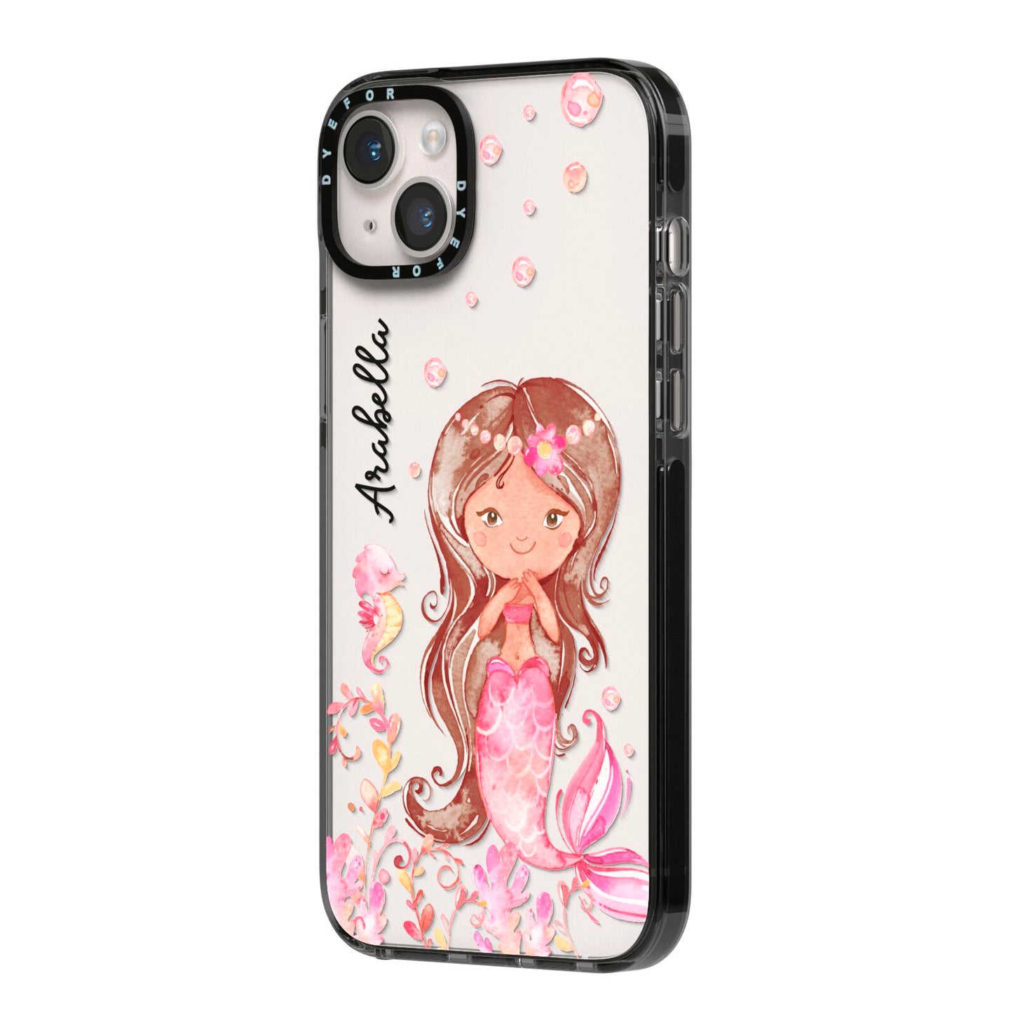 Personalised Pink Mermaid iPhone 14 Plus Black Impact Case Side Angle on Silver phone