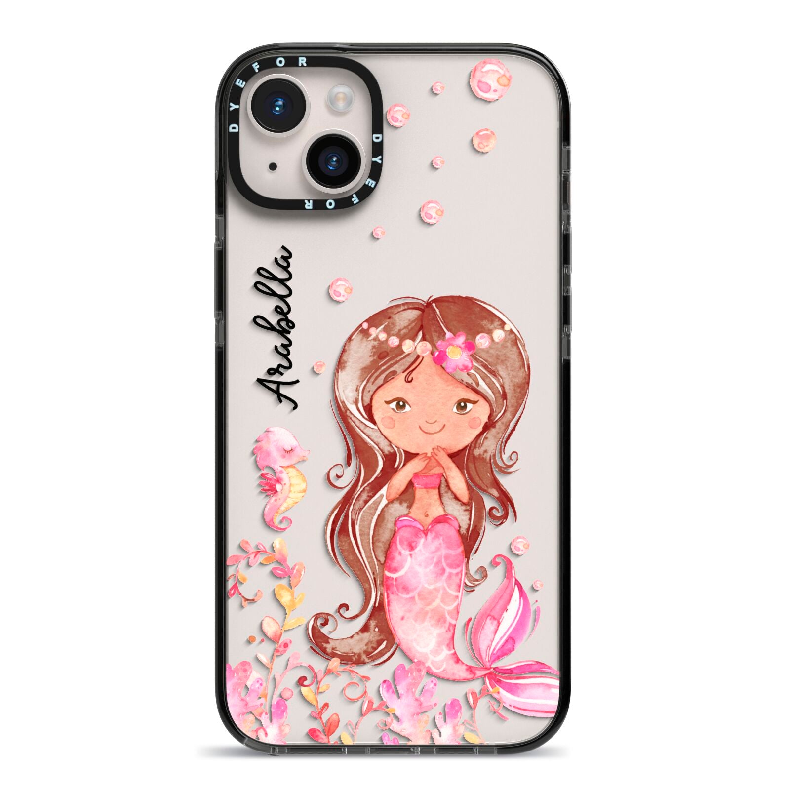 Personalised Pink Mermaid iPhone 14 Plus Black Impact Case on Silver phone