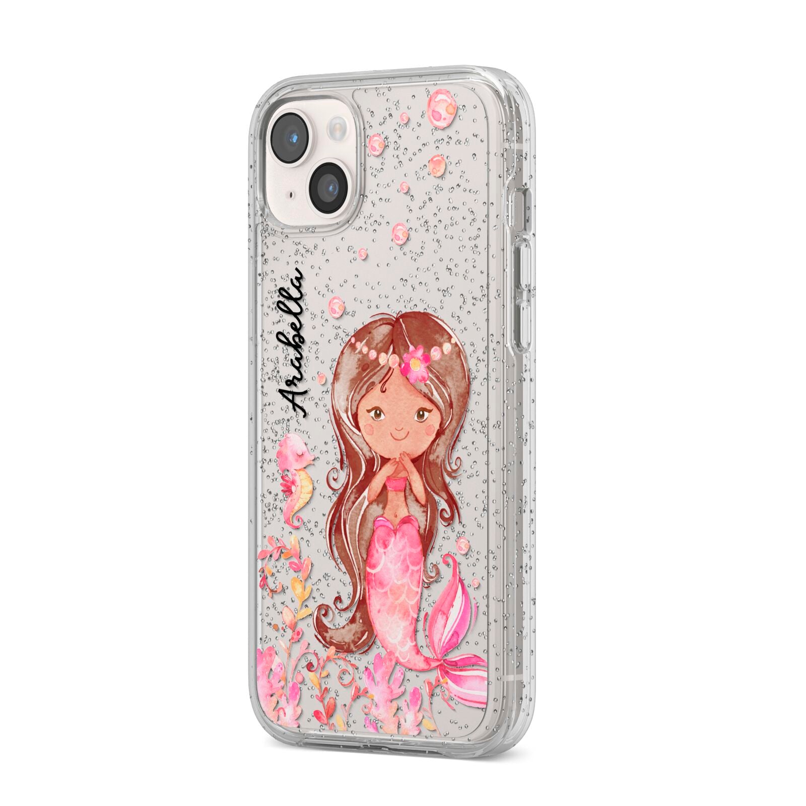 Personalised Pink Mermaid iPhone 14 Plus Glitter Tough Case Starlight Angled Image