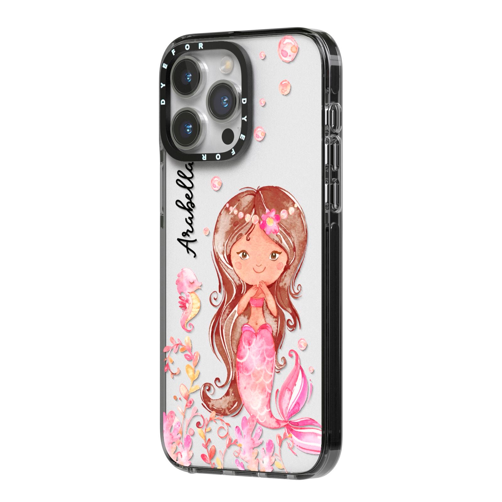Personalised Pink Mermaid iPhone 14 Pro Max Black Impact Case Side Angle on Silver phone